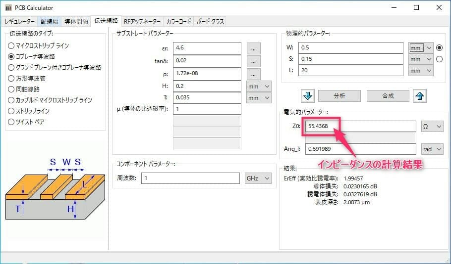 KiCadインピーダンス計算画面の図