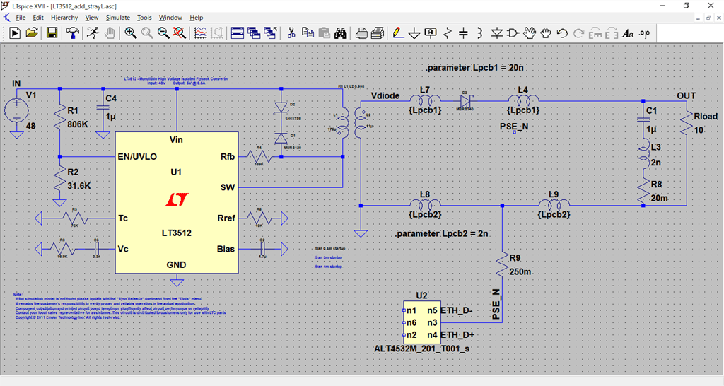 LTSpiceフライバック電源回路の図