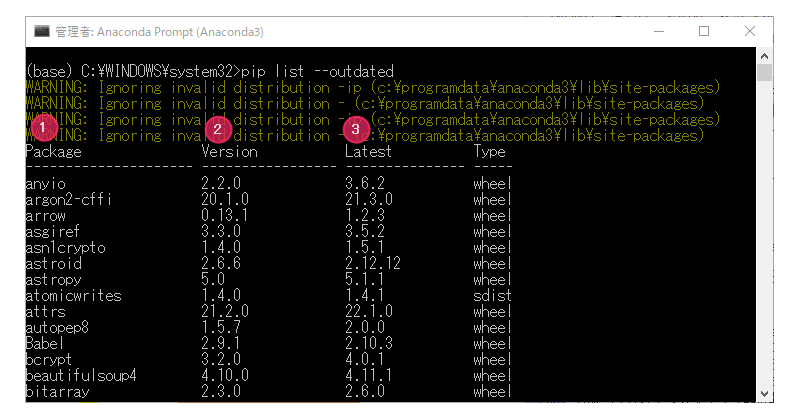 pip list実行結果の画面