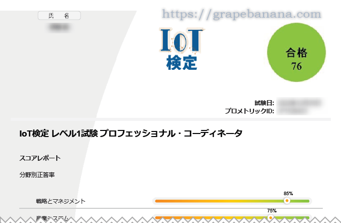 IoT検定レベル1試験プロフェッショナル・コーディネータ合格証の画像